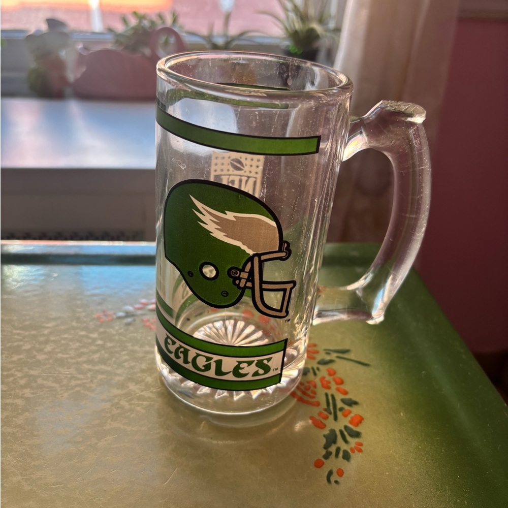 Vintage 1991 Philadelphia Eagles Glass Beer Mug ~ Green & White Logo NHL